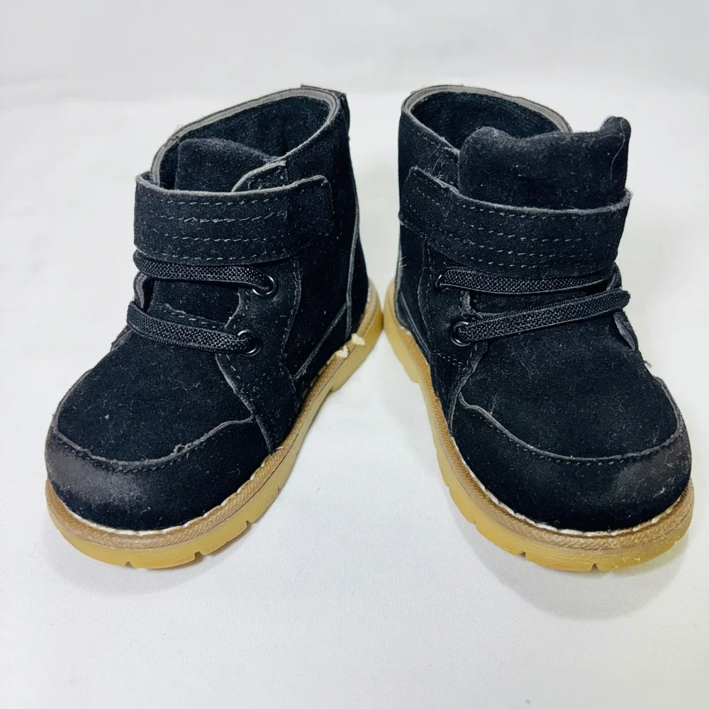 Toddler Boys Black Faux Suede Ankle Boots Gum Sole Size 3 Hook Loop Strap